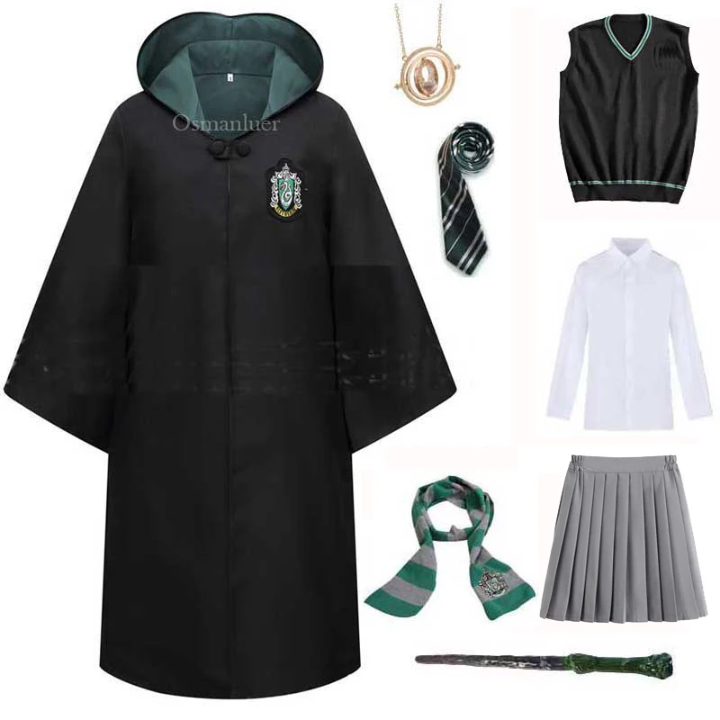 Kids Adult Magic School Uniform Cosplay Slytherin Ravenclaw Robe Cloak Sweater Scarf Tie Wand Halloween Costume