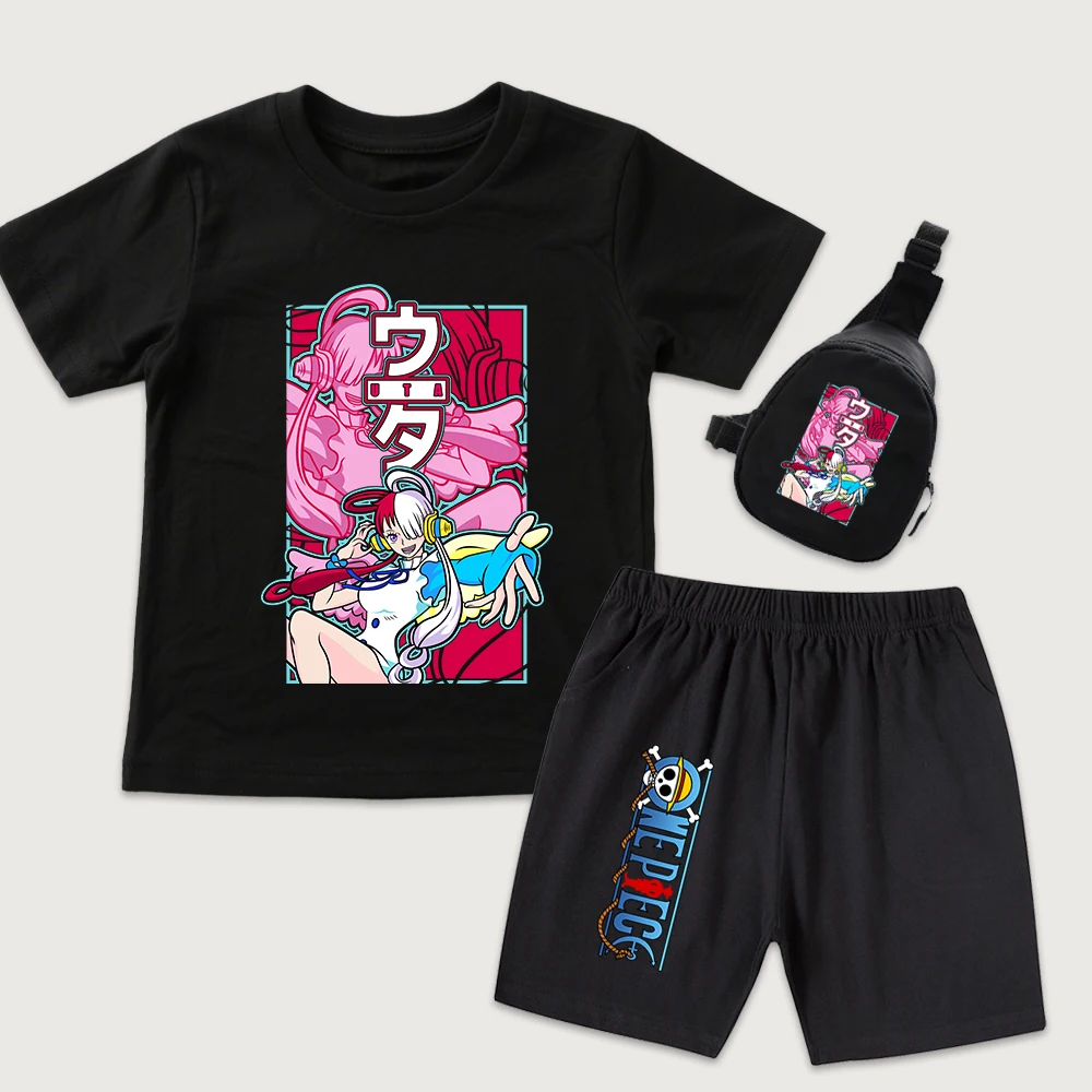 One Piece Uta Anime Print Cotton T Shirt Shorts Mini Chest Bag 3 Piece Set for Kids Boys Girls Summer Casual Outfit