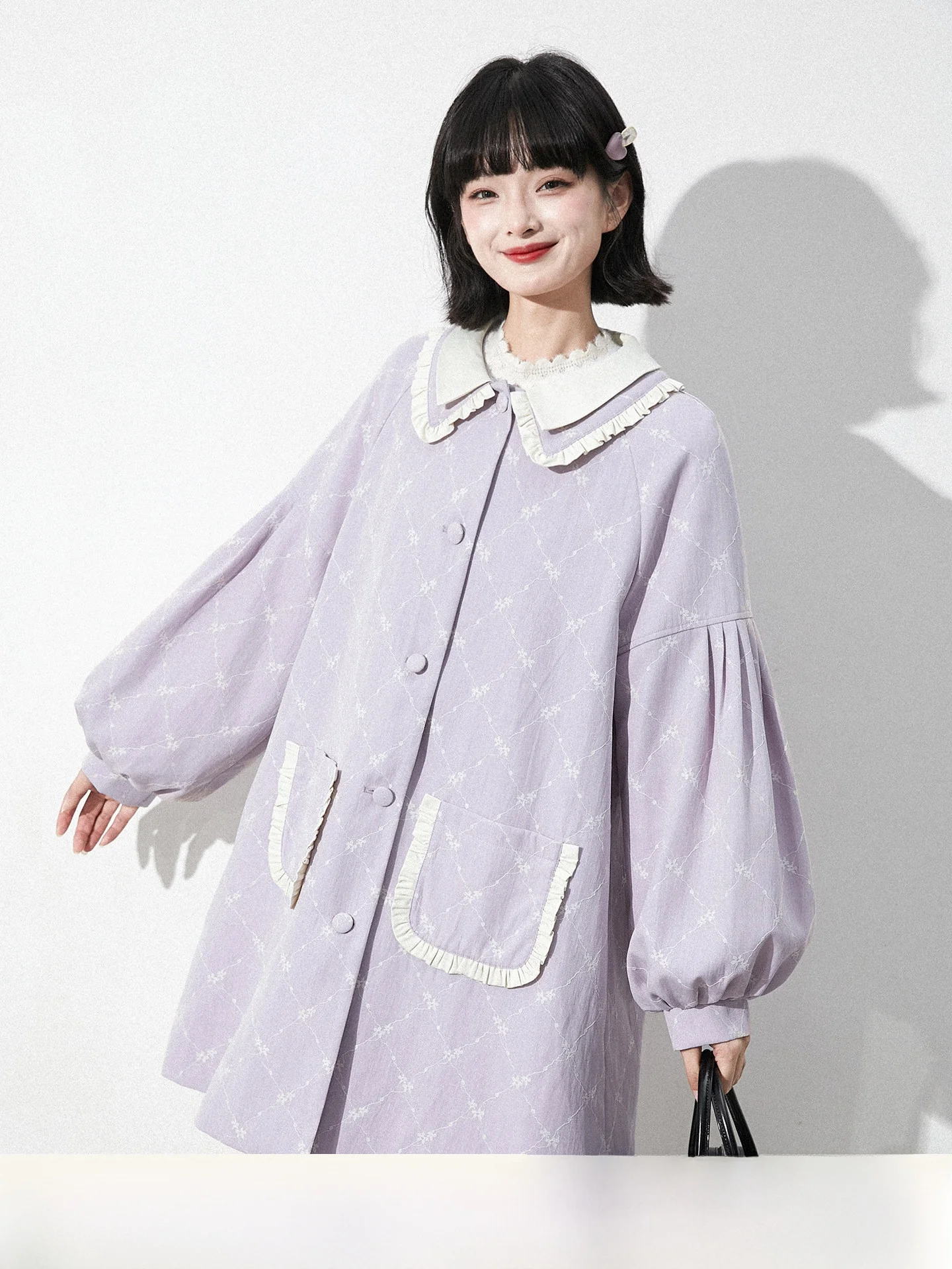 

Original Purple Double Layer Collar Bubble Sve Floral id Pattern Windbreaker Coat for College Girls Sweet Sle Autumn W...