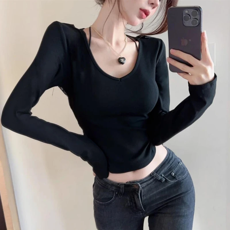 Sexy T-shirts Women Bandage Aesthetic Long Sleeve Tops Y2k Girls Fashion Hotsweet Tender  Club Wear Ulzzang Soft Clothes