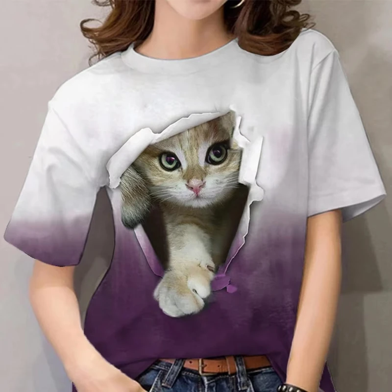 Fashion Women's T-shirts 3D Print Kawaii Cat Graphic T Shirt For Girls Summer Casual Street Short Sleeve Tee Women's Y2k Clothes