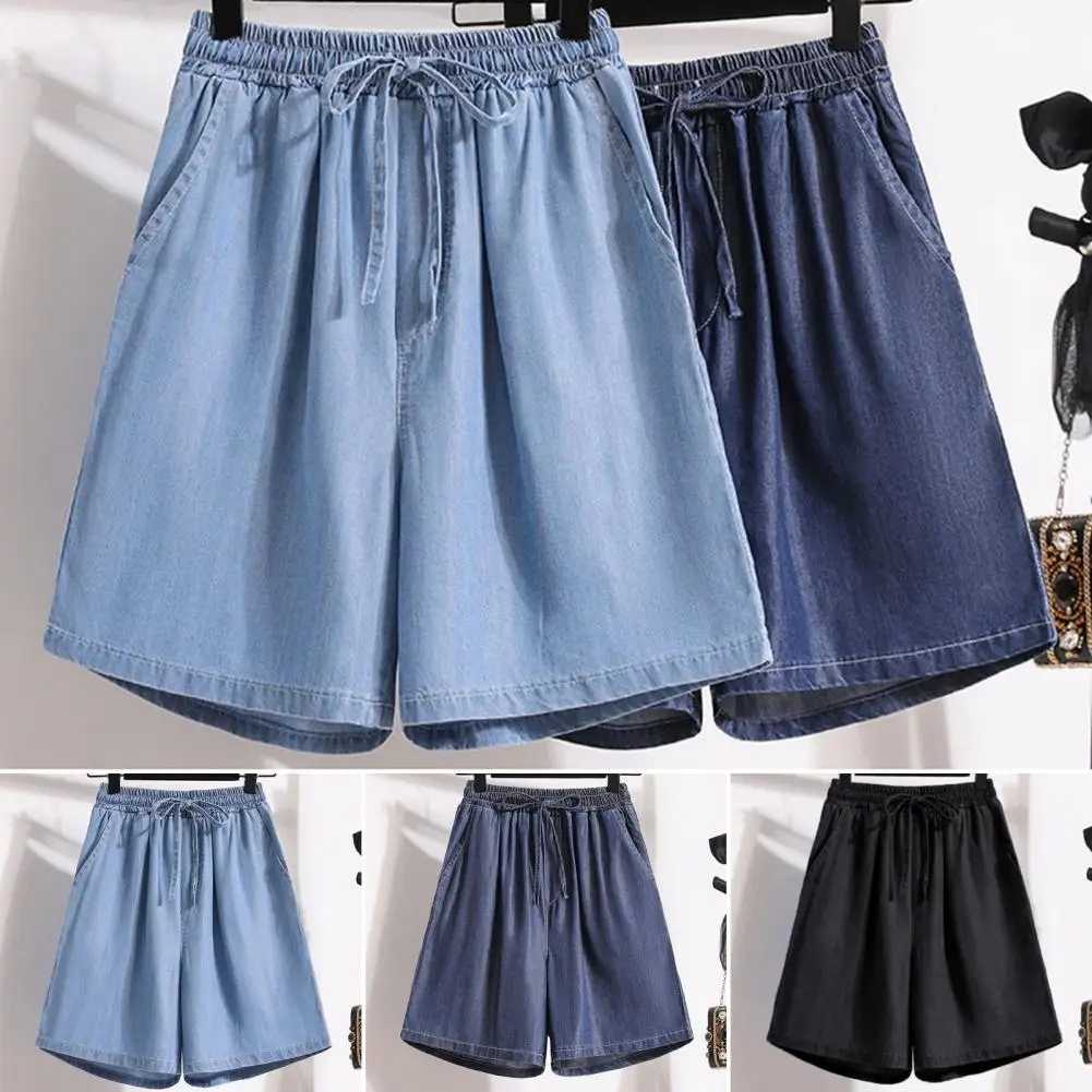 Solid Color Pocket Shorts Women Shorts Stylish Women's Knee-length Trousers Wide Leg Shorts with Elastic Waistband Drawstring