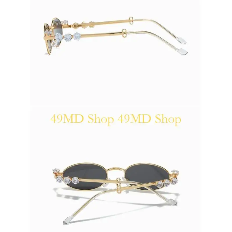 49MD Stylish Hip Hop Rhinestones Sunglasses Photo Props Metal Oval Frame Trendsetters Hip Hop Sunglasses Hipsters Props