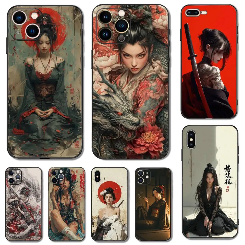 

Samurai Warrior Geisha Phone Case For iPhone 16,15,14,13,12,11,Pro,X,XS,Max,XR,Plus,Mini Soft Silicone Black Shockproof TPU
