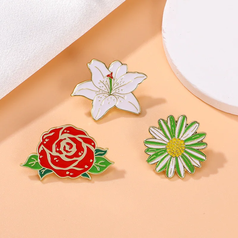 3pcs Cute Cartoon Flower Enamel Brooch Creative Plant Rose Lily Daisy Lapel Pin Badge Backpack Clothing Hat Accessories