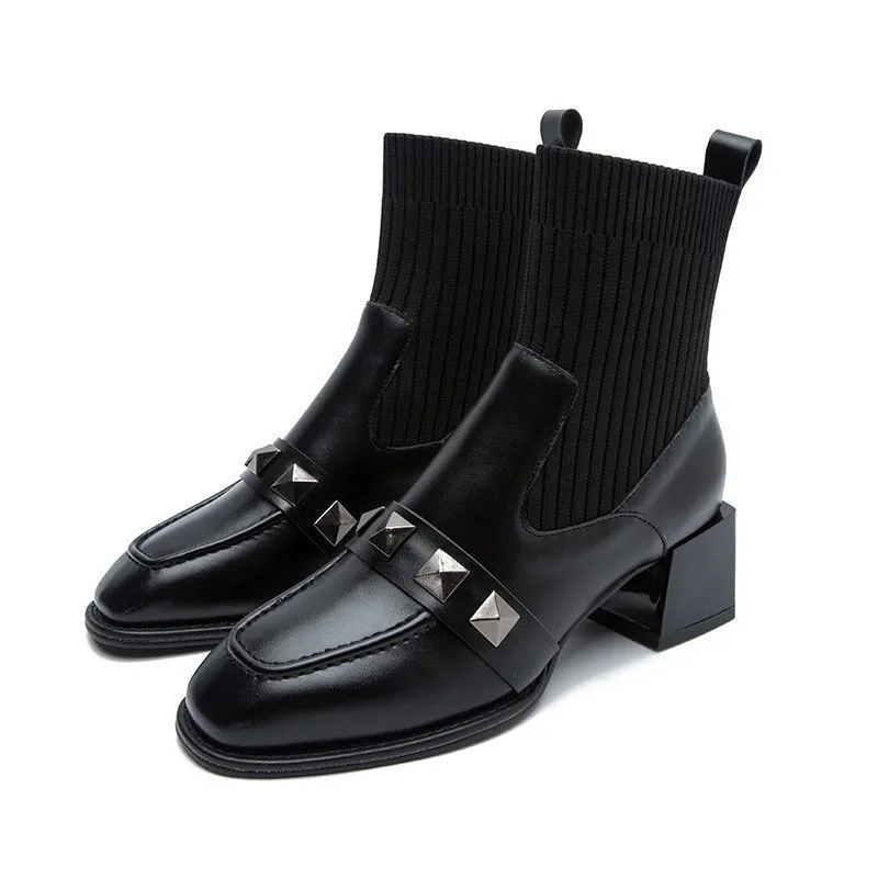 Women Elastic Sock Boots Boots Female Autumn Winter 2024 New Square Toe Short Boots Slip-On Fashion Ankle Boots Botas De Mujer