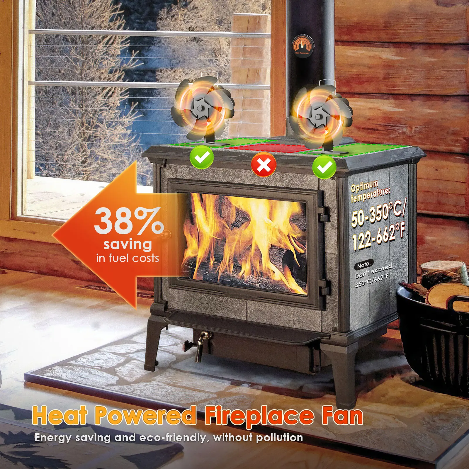 Heat Powered Stove Fan Eco Quiet Black 6 Blades Log Wood Burner Fireplace Fan Winter Warmer Home Efficient Heat Distribution