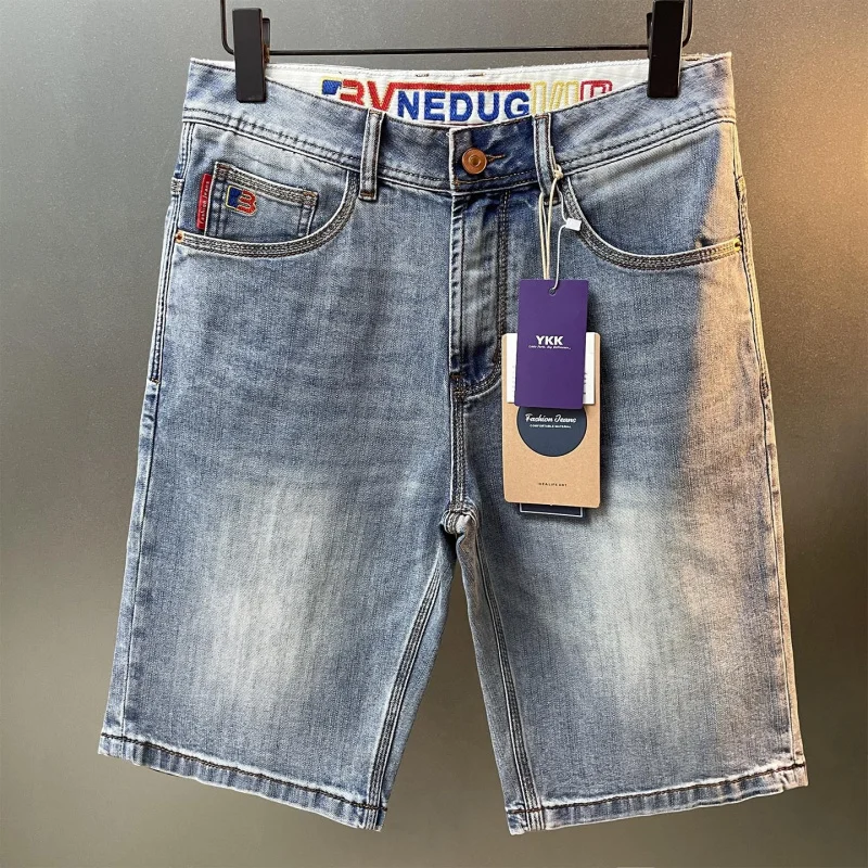 Summer 2026 Men's Daily Versatile Pants Lightweight Elastic Blue Denim Shorts with Embroidery Details Streetwear 5-Inch Jeans fo