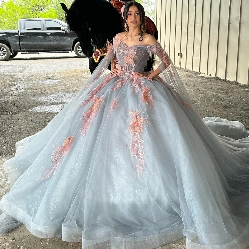 

Небесно-голубое платье Quinceanera, мексиканское Vestidos De 15, принцесса, аппликация, цветы перо, милое 16 день рождения XV Бальное Платье Золушка, девочка