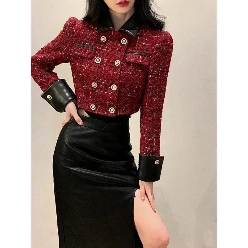 Vintage Cropped Tweed Jacket Women Elegant Blazers Korean Patchwork Short Suit Coats Christmas Double Breasted Chic Outerwear