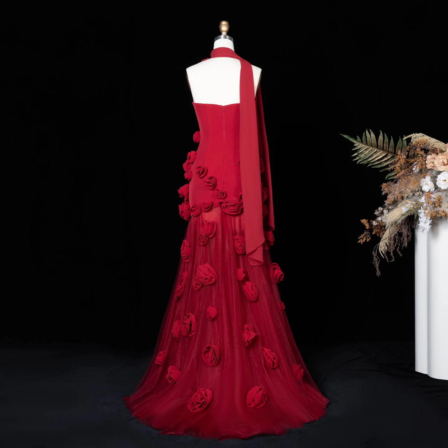 Sharon Said Dubai Elegante Burgunderrote Blumen-Abendkleider mit Langem Seitenschlitz 2026 Hochzeit Formelles Mädchen-Partykleid SS207 Maßanfertigung – Detail 20