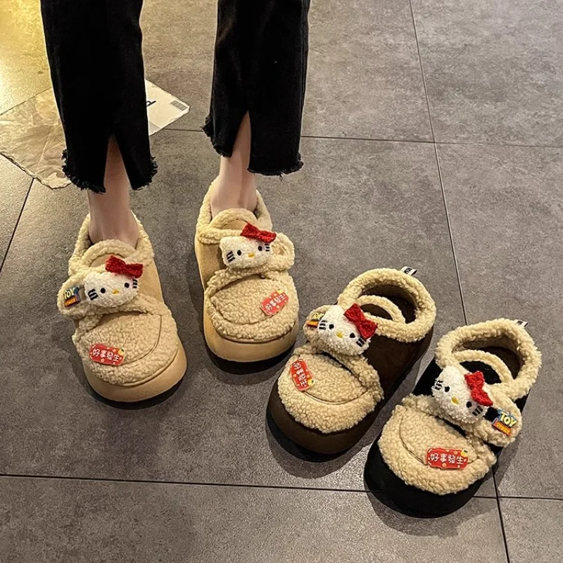 SanrioHelloKitty cute doll all-inclusive winter warm cotton slippers women's versatile new outer wear Velcro velvet cotton shoes