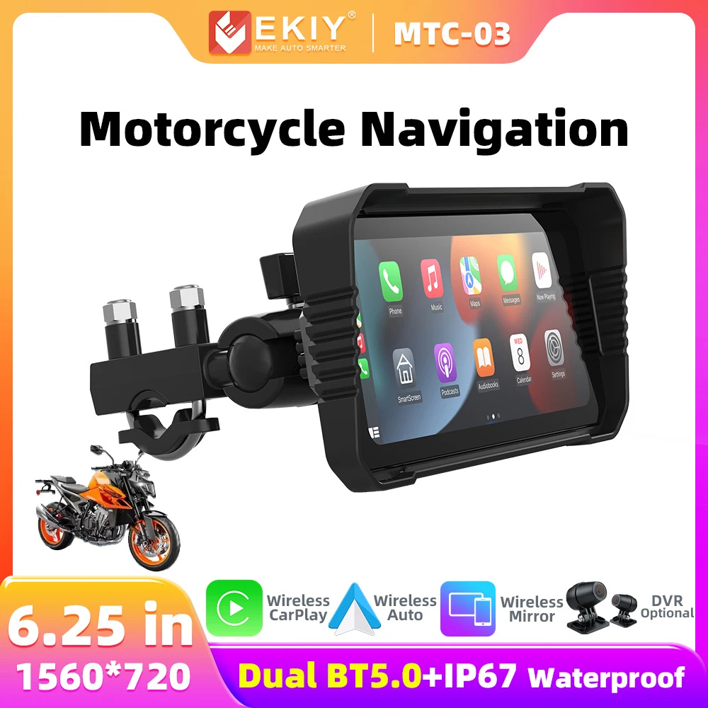 EKIY Portable 6.25 inch IP67 Waterproof Motorcycle GPS Navigation Wireless Carplay Android Auto DVR Drive Recorder Moto Monitor