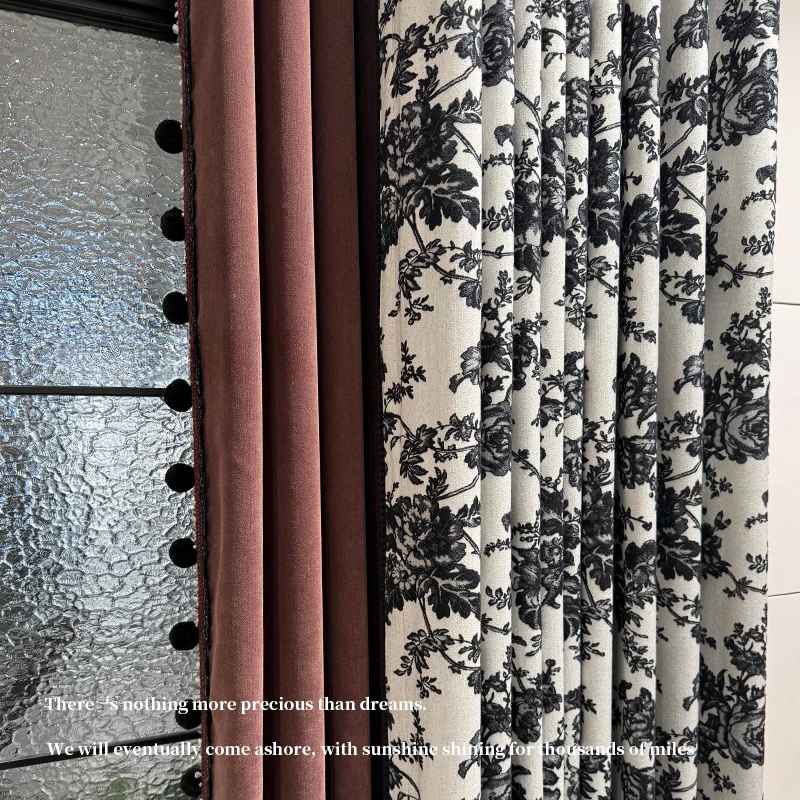 

French Retro Curtains Bedroom A Living Room Advanced Feeling Chenille Jacquard Black Rose High-grade Atmosphere