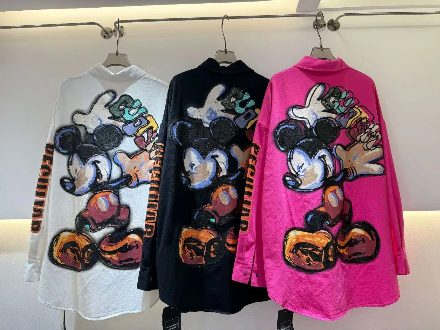 European Shirt Women's 2025 New Boy Friend Style Casual Heavy Industry Printed Sequins Cartoon Shirt Top Tide Black Thin Jacket