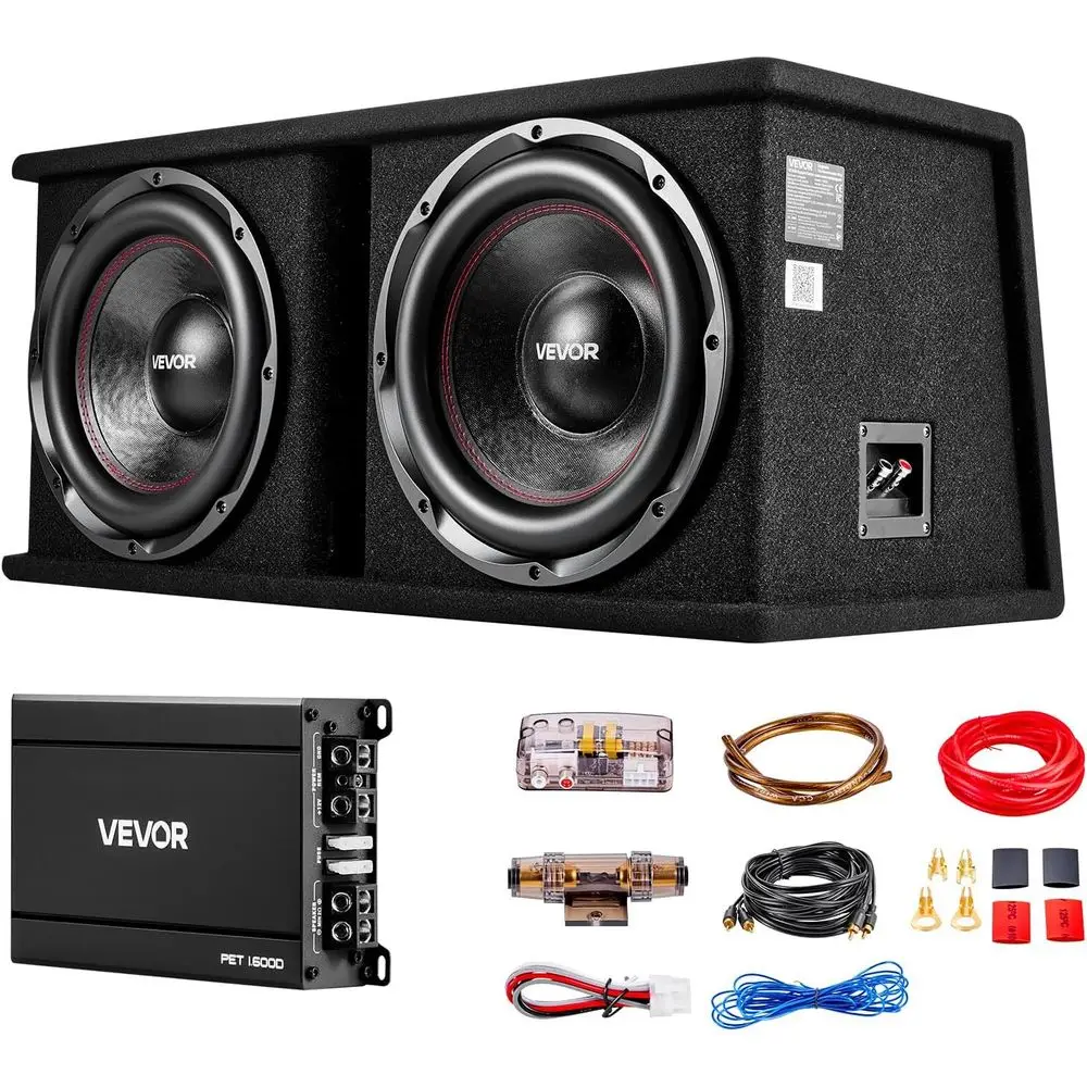 

Dual 12" Enclosed Powered Subwooer, 2400W Peak Massive Bass Output with Separate Ampliier, Complete Car Audio Subwooer and Amp P