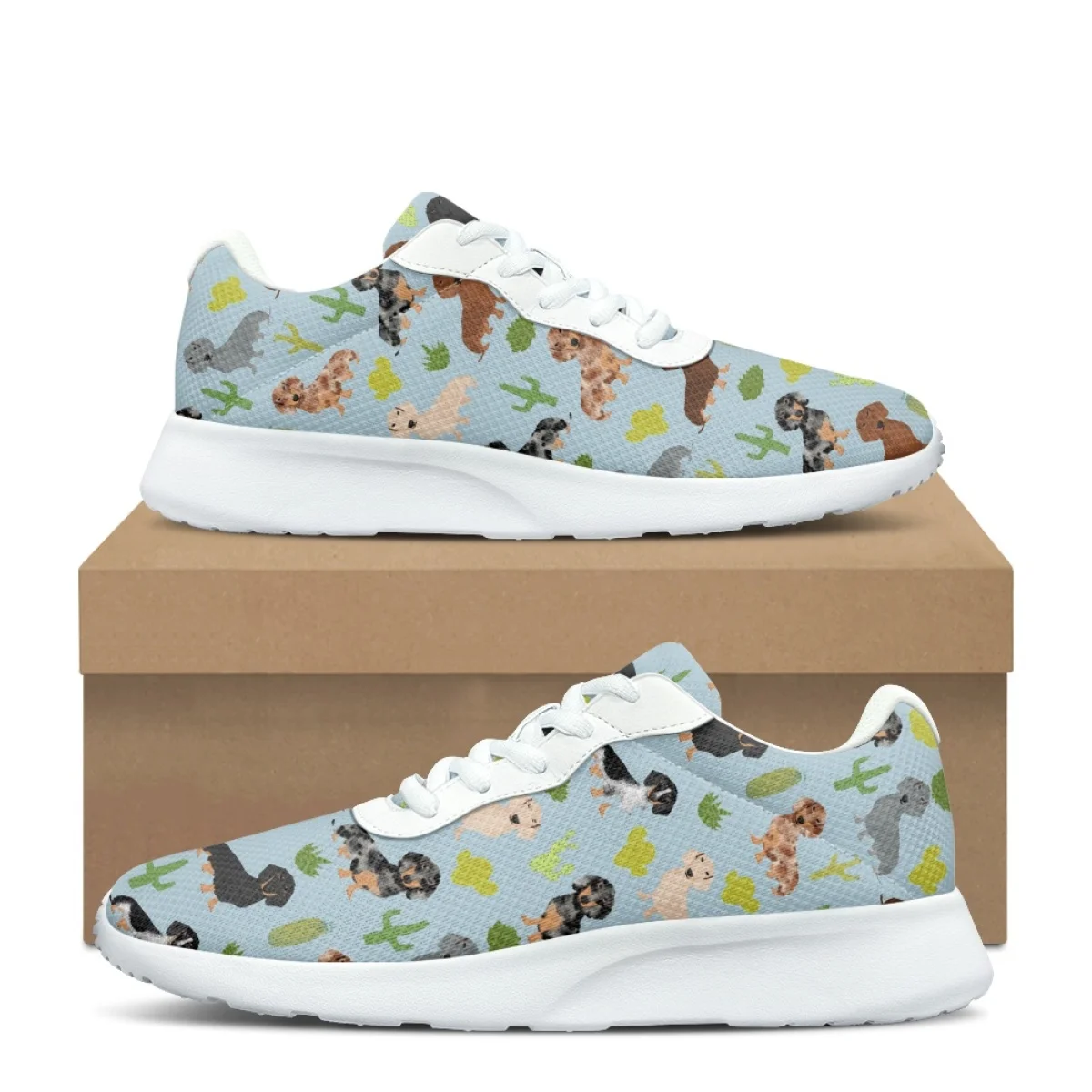 Cartoon Cactus Puppy Print Women's Sneakers Wear-resistant Cozy Outdoor Running Shoes Lightweight Breathable Walking Shoes Adult