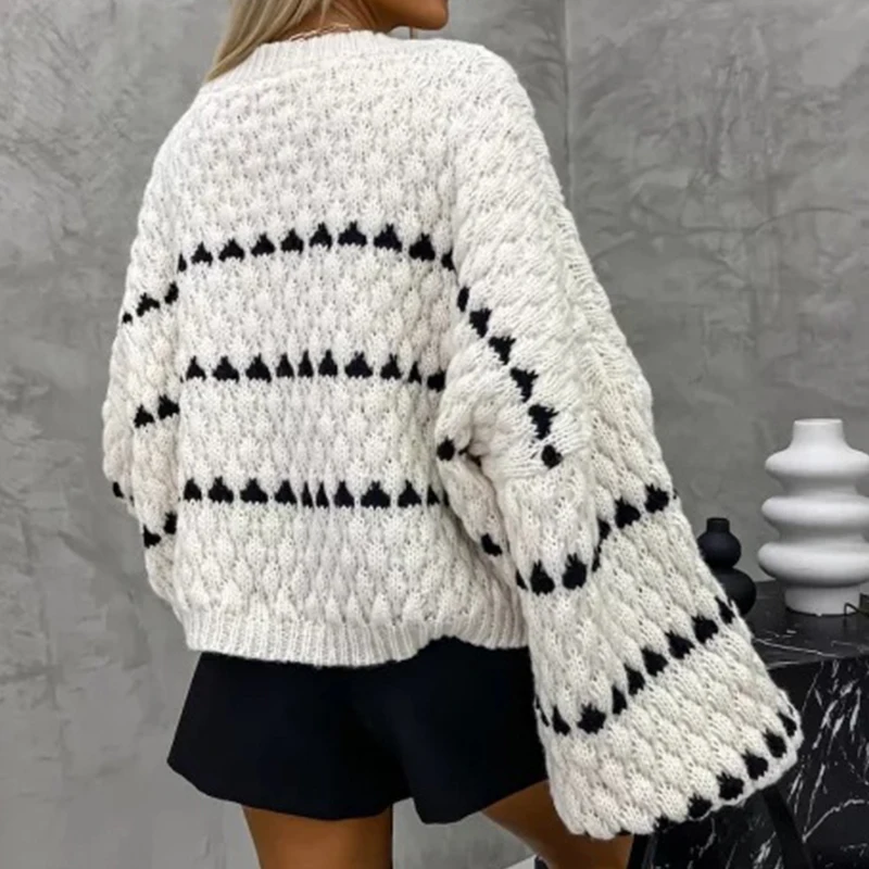 Casual O Neck Striped Knitted Pullover Sweater Lady Casual Crochet Lantern Sleeve Loose Sweater Office Elegant Patchwork Sweater