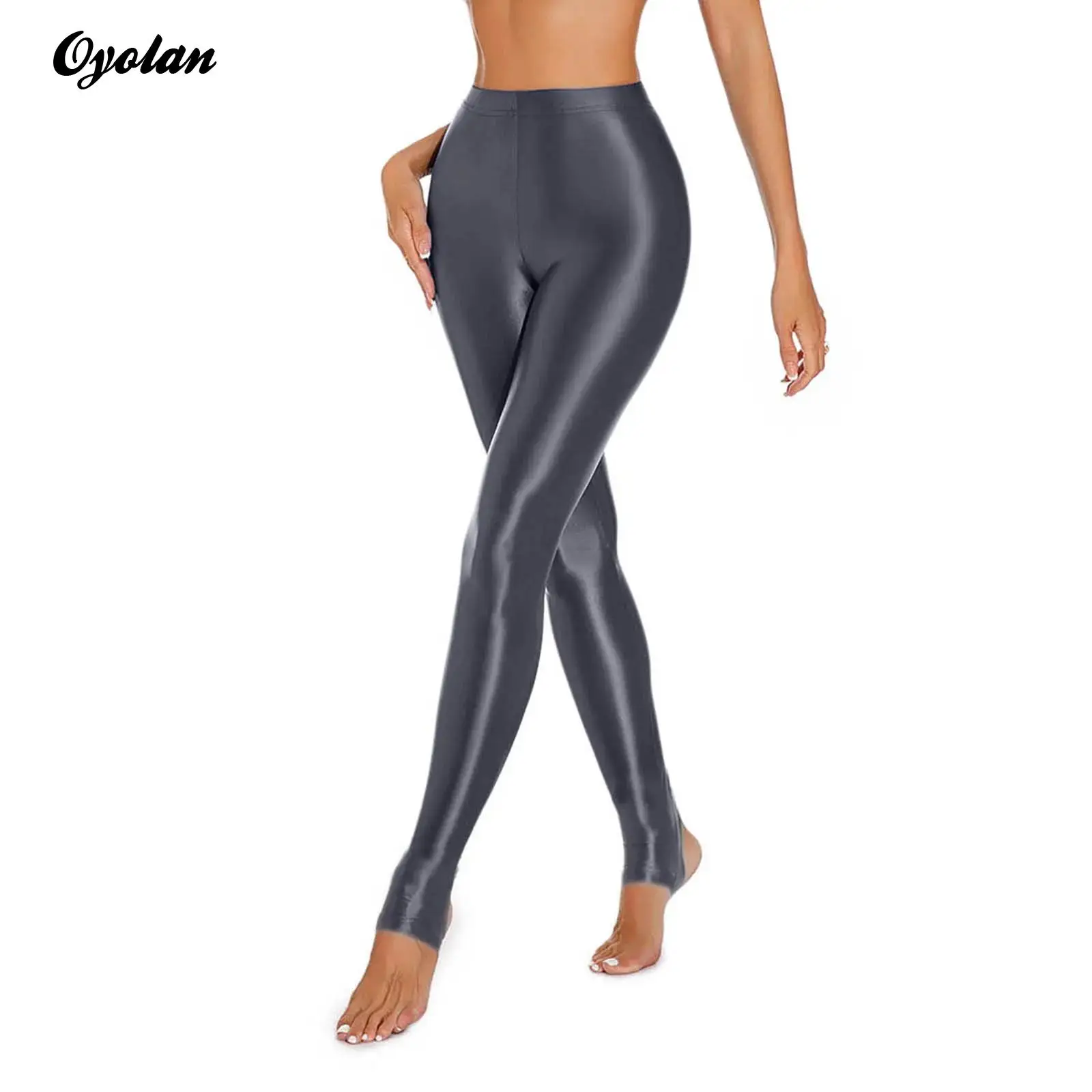 Womens Glossy Stirrup Leggings High Waist Elastic Waist Tights Gym Yoga Workout Pants Tummy Control Sport Jogging Pants