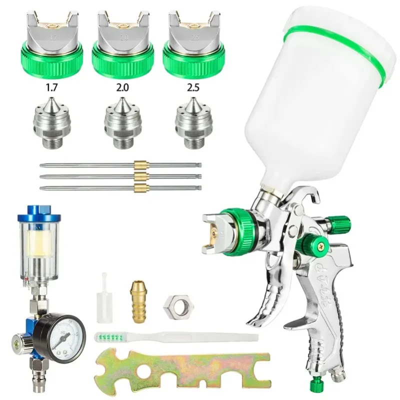 Professionelles HVLP-Spritzpistolen-Set mit Schwerkraftzufuhr, Luftspritzpistole mit 1,4/1,7/2,0/2,5 mm Düsen, 20oz 600cc mit Manometer für Autolackierung, Grundierung, Klarlack/Decklackierung &