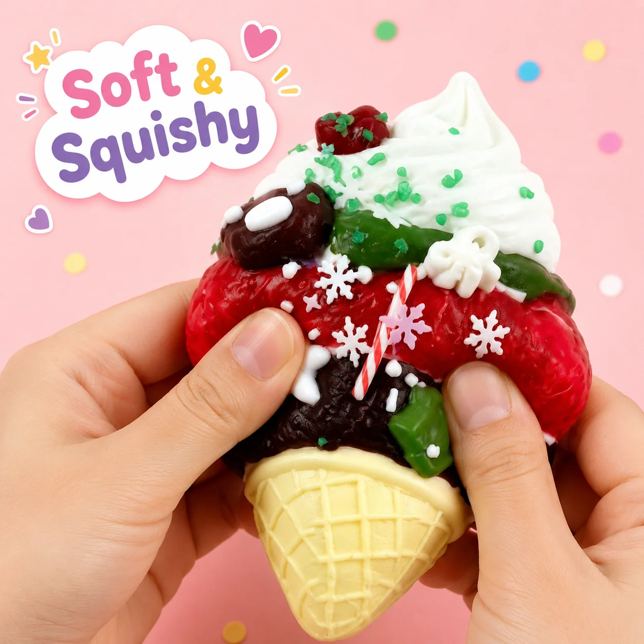 Kawaii Xmas Waffle Cone Mochi Squishy Toy Food Grade Soft Silicone Multilayer Simulated Ice Cream Ornament Squeeze Toy For Child