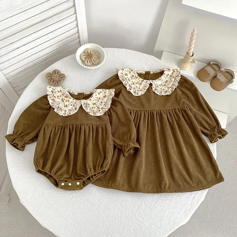 2026 Fall Korean Style Girls Floral Print Romper Newborn Romper Sister Set Matching Outfits Baby Bodysuit with Ruffle Trim Cute