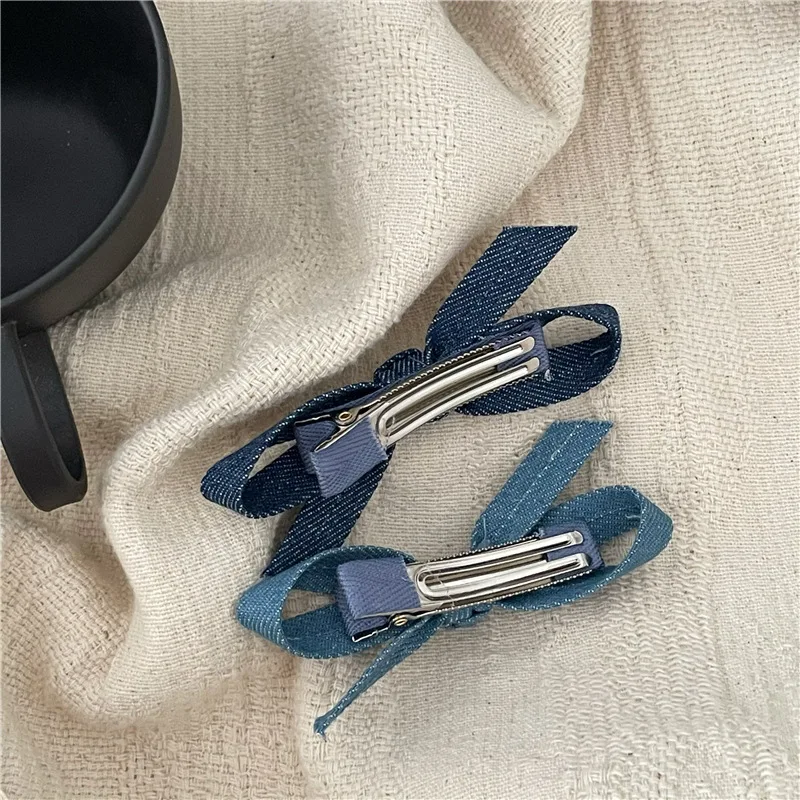 Fashion Personality Denim Blue Fabric Bow Barrettes a Pair of Hairclips Side Shredded Hair Bangs Clip Duckbill Clip New