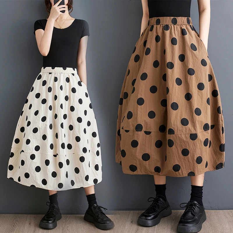 

Retro Polka Dot A-Line Skirt Elastic Waist Midi Spring Summer New Style Fashionable Slimming Versatile Half-length Skirt