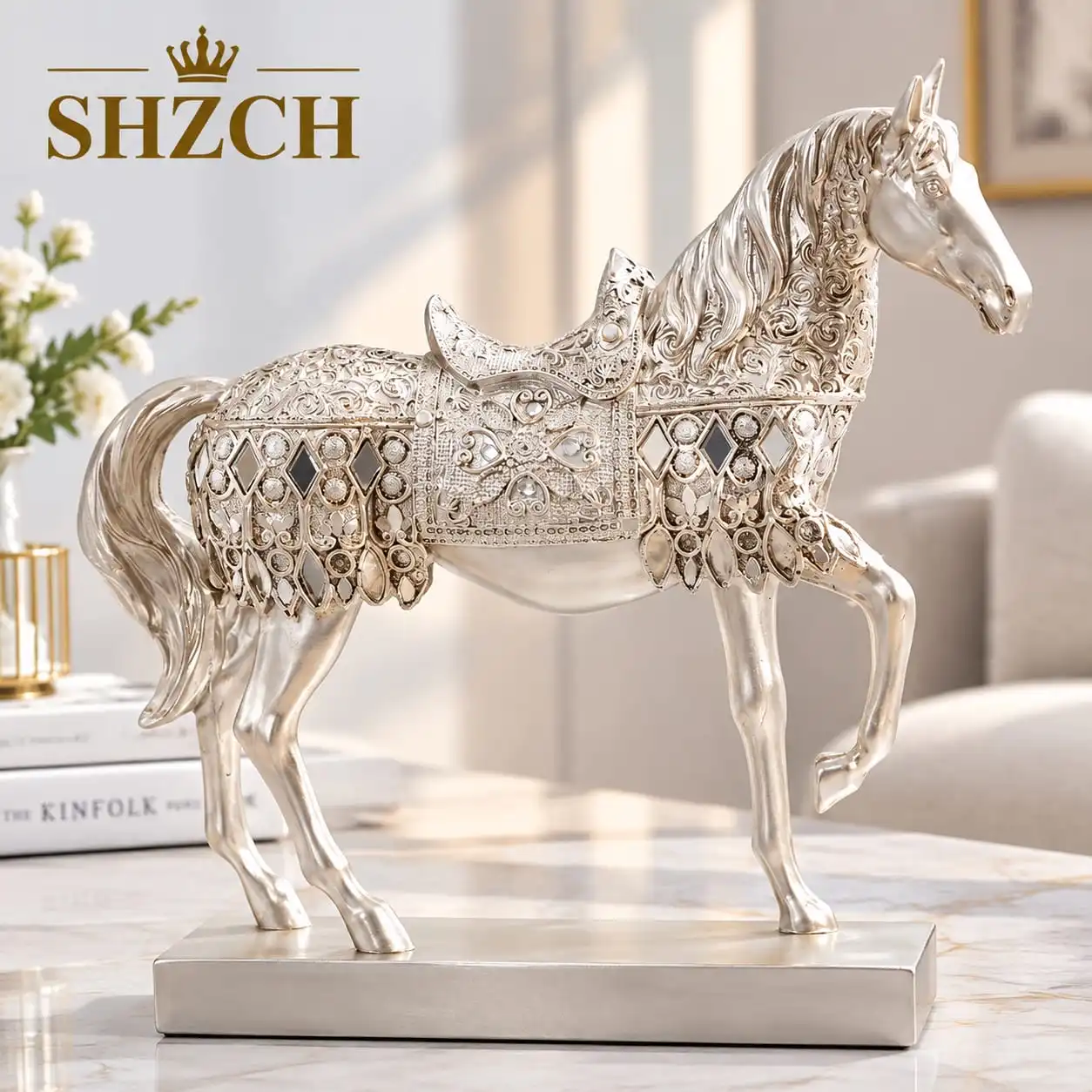 European Style Home Decoration Vintage Silver Horse Statuette Furniture Living Room Desktop Gadget Crafts Christmas Gift