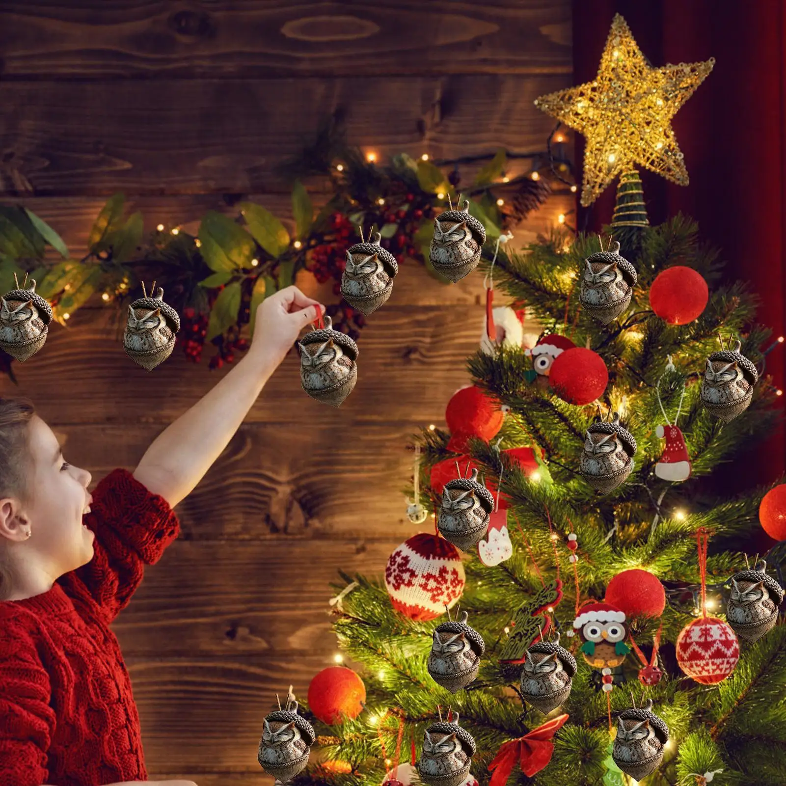 Adornos de animales para árbol de Navidad, vacaciones, resina, bellota 3D, bonito colgante, decoración de árbol de Navidad para interior y exterior, pared de salón