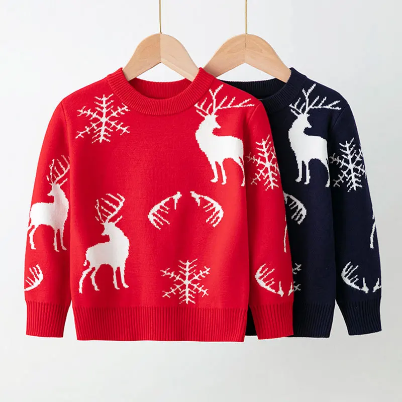 

Winter Boys Girls Cute Xmas Pullovers Knitted Sweater Cartoon Reindeer Soft Warm Knitwear Kids Long Sleeve Tops Casual Wear