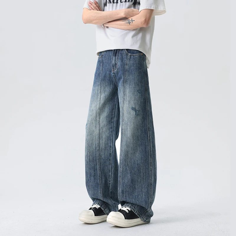 

Men Loose Jeans New Vintage Wide-leg Fashion Pants Casual Frayed Distressed Spliced ​​baggy Youth Denim Trousers
