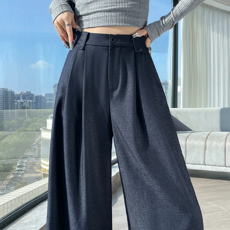Y2K Imitation Denim Wide Leg Pants Women Autumn High Waisted Lazy Drooping Casual Straight Leg Floor Length Old Money Style