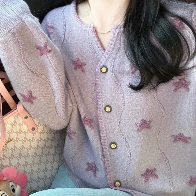 Japanese Style Sweet Spring Sweaters Women\'s O-Neck Button Jacquard Weave Fashion Chic Loose Long Sleeve Cardigan Knitted Tops