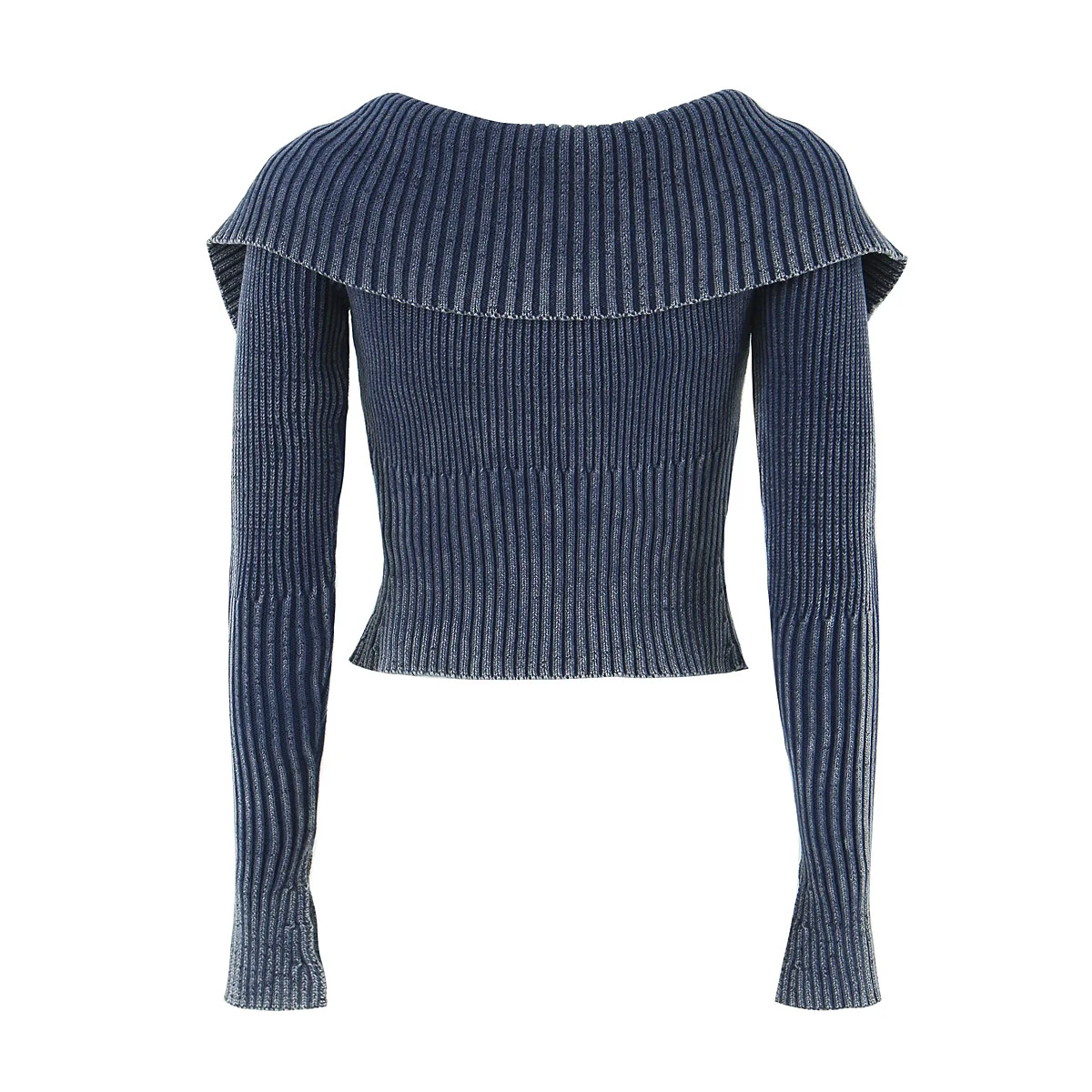 Vintage Rib Knitted Off the Shoulder Double Zipper Cardigan Women Slit Cuff Long Sleeve Slim fit Short Sweater Knitwear Jumper