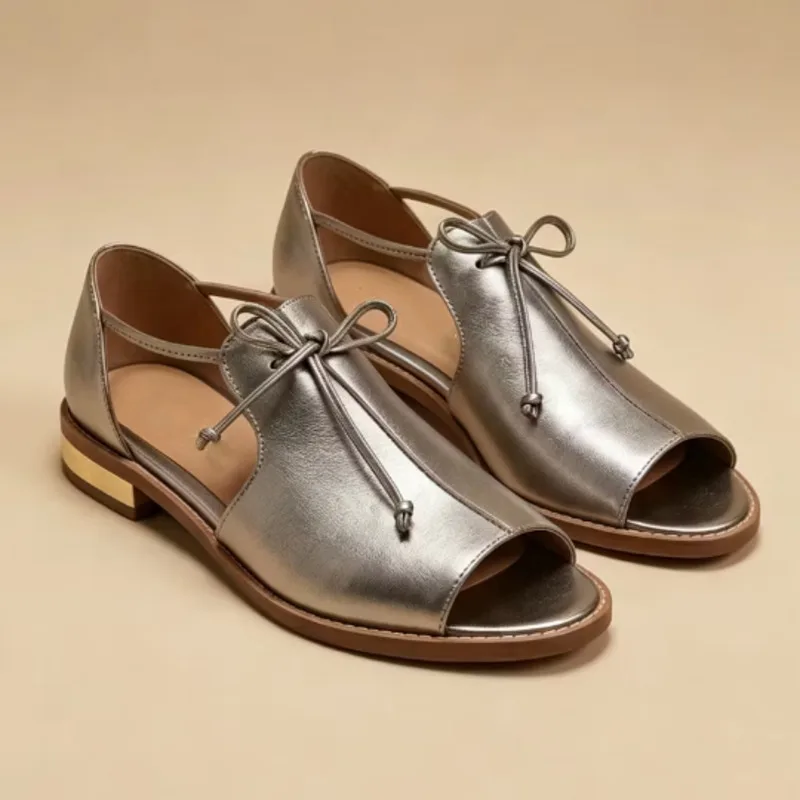 

Women Sandals Metallic Sheen Patchwork Tie Up Peep Toe Chunky Heels Silver Sandals