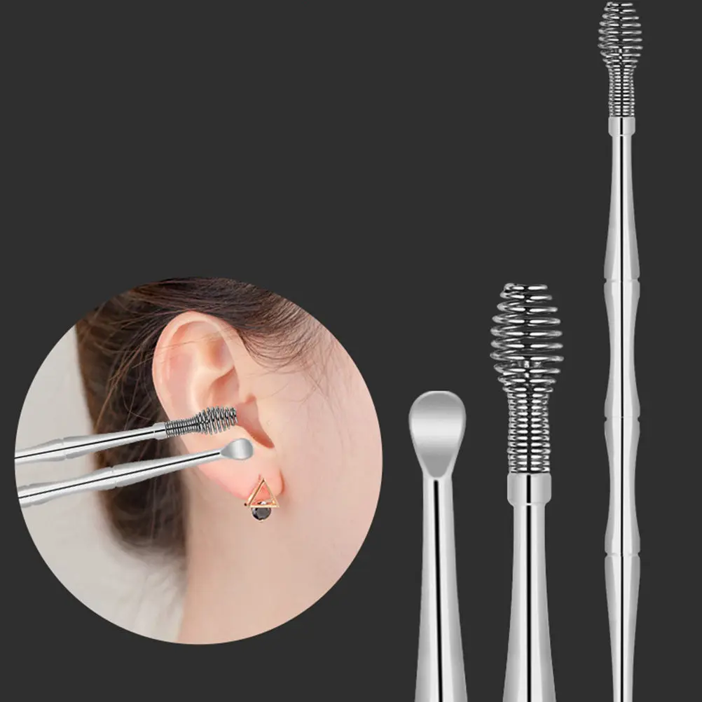 2Sets Earwax Removal Supplies Stainless Steel Double Head Ear Cleaning Spoon Massage Spiral Head Ear Pick Portable Practical