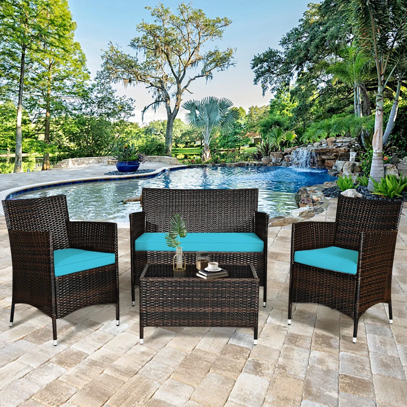 

4PCS Patio Rattan Conversation Furniture Set Outdoor Turquoise Cushioned