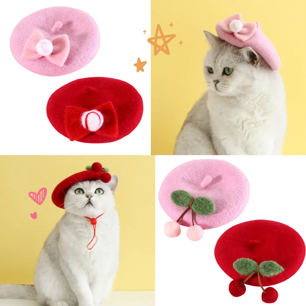 Bowknot Cat Hat Cherry Dog Beret Wool Hat Headband Beanie Grooming Christmas Costume Hair Accessory Photo Props Holiday Pet Hat