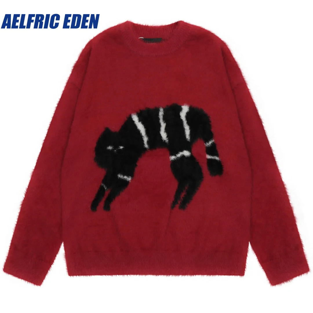 Aelfric Eden Funny Cat Fluffy Fuzzy Pullover Jumper Harajuku Cat Knitted Sweater Y2K Hip Hop Streetwear 2023 Men Loose Sweaters