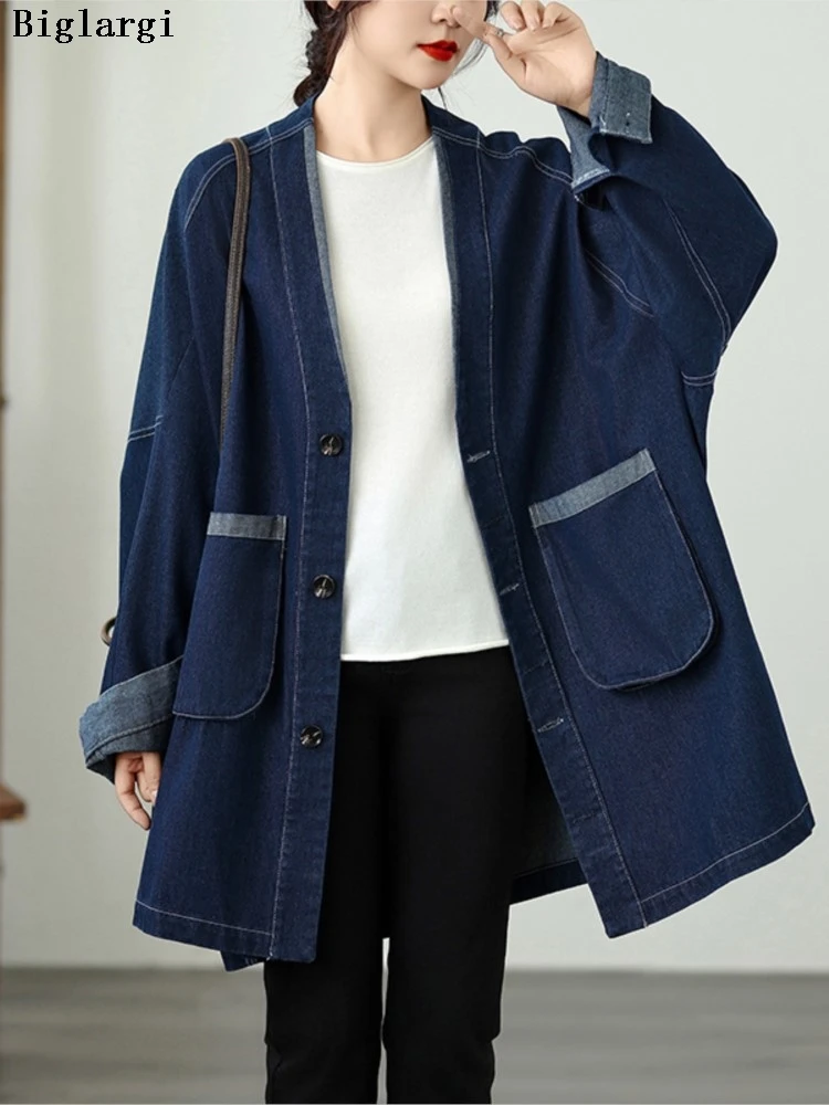 

Oversized Denim Retro Autumn Coat Women V-Neck Loose Fashion Long Sleeve Ladies Jackets Casual Woman Coats