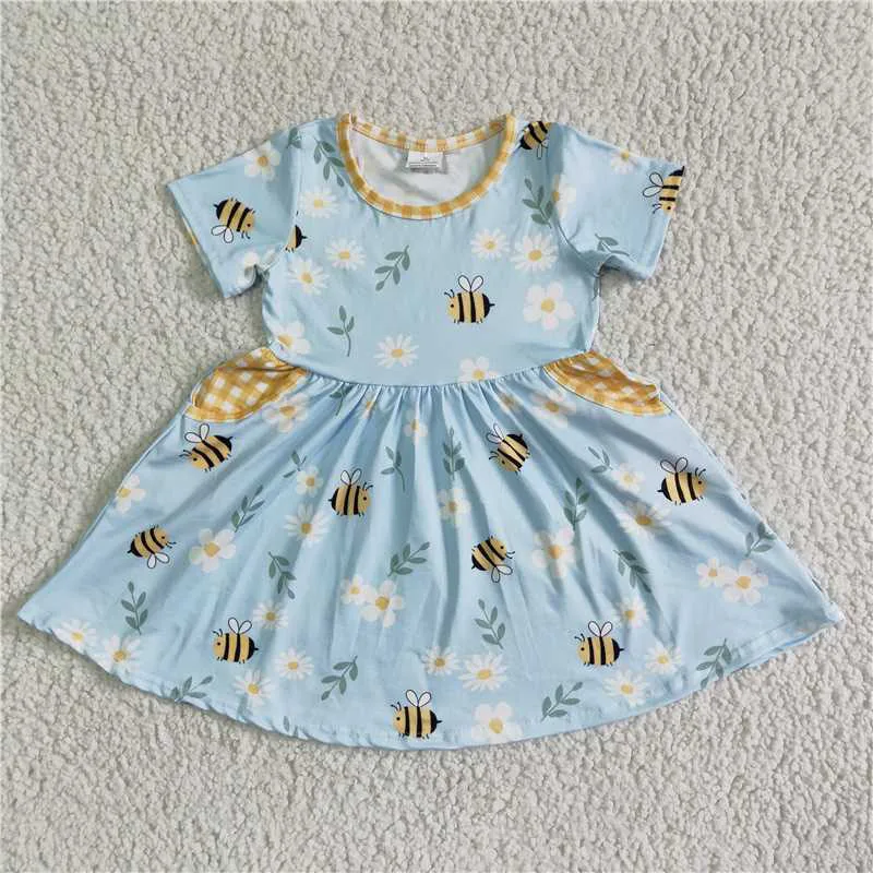 

New summer back to school cute flower bee print Boutique Baby Girls Dresses wholesale children clothing