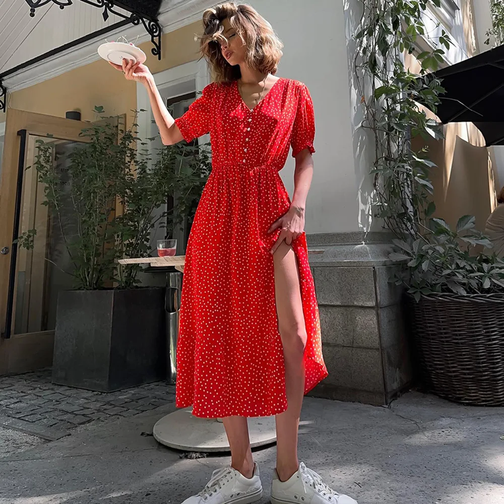 

2024 Summer Elegant Dot Long Dress Women V Neck Single Breasted Short Sleeve High Split Casual Fashion Streetwear Red Robes