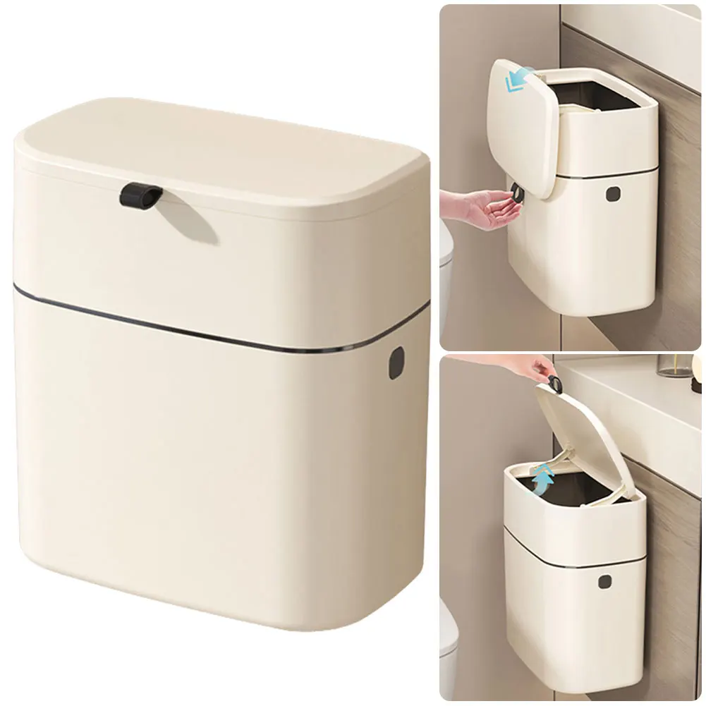 9L Counter Bins with Lid Wall Mounted Waste Garbage Bin Punching-free Food Waste Container Wastebasket for Kitchens Cabinet Door