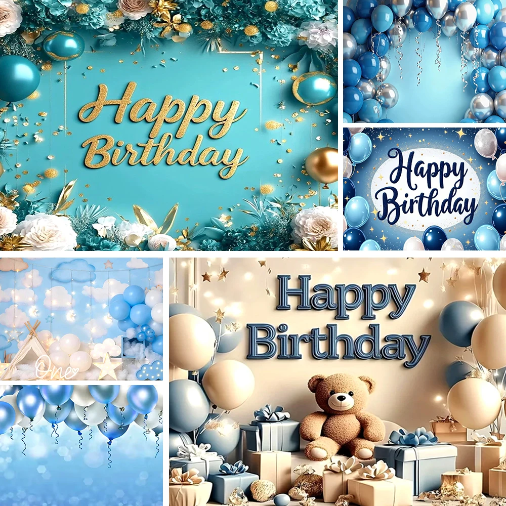 

Blue Happy Birthday Theme Background Blue Sliver and Golden Glitter Balloon Decoration Banner Photography Supplies Prop Backdro