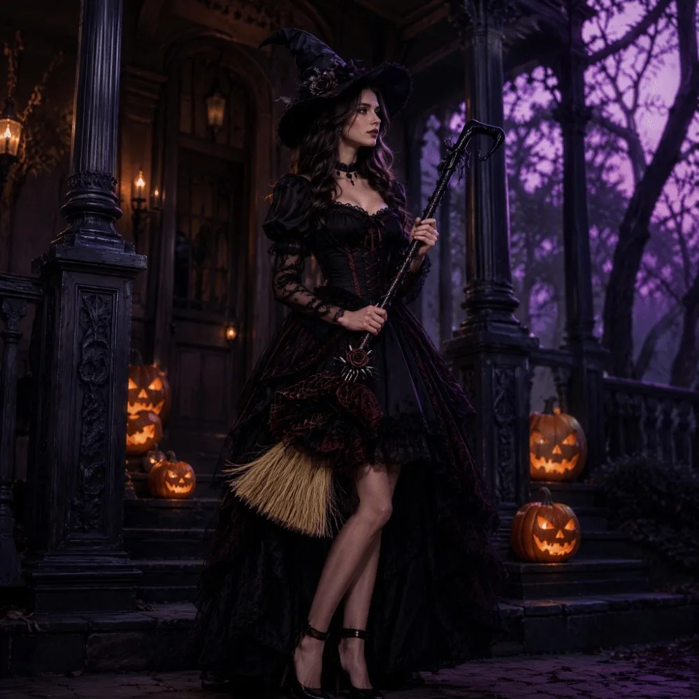Gothic Style Witch Broom Red Rose Plastic Material Cosplay Props Black Tulle Handmade Bowknot Halloween Costume Halloween Party