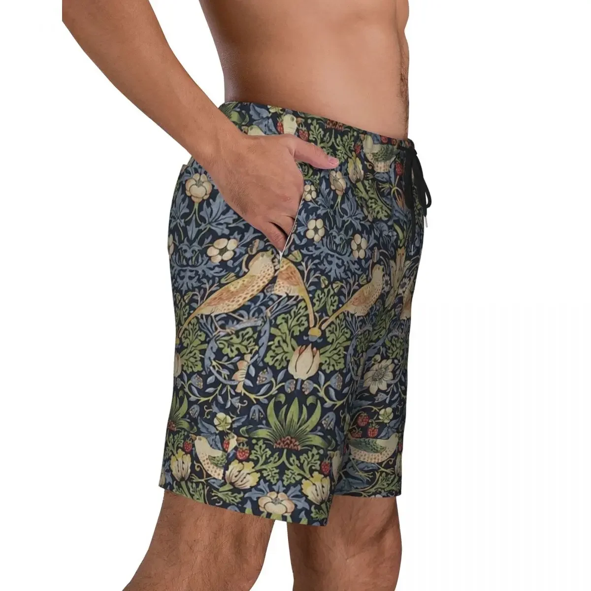 William Morris Strawberry Thief Pattern Print Men Swim Trunks Quick Dry Swimwear Beach Board Shorts Vintage Textile Boardshorts