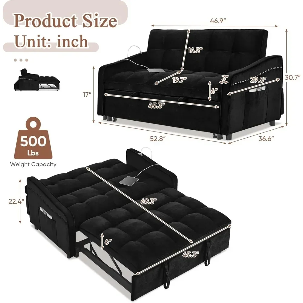 3 in 1 Sleeper Sofa Couch Bed with USB & Type C Port, 52