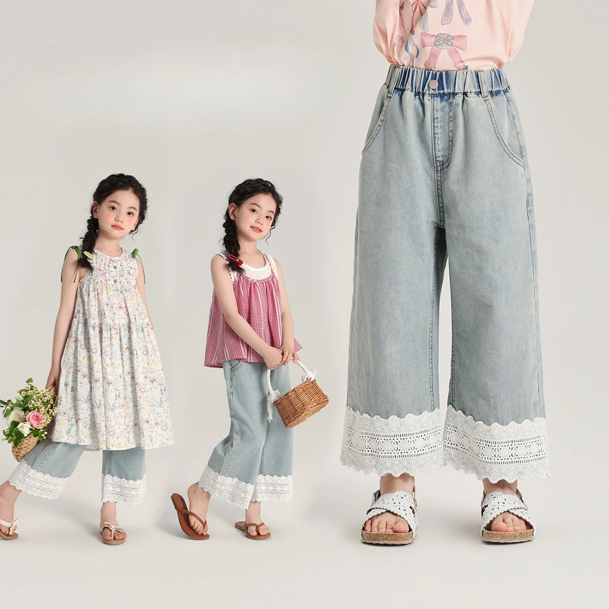 

Girl Pant Jean Loose and Comfortable Girls Jeans 2024 Summer New Girls Korean Lace Straight Pants Korean Style Jean Pants