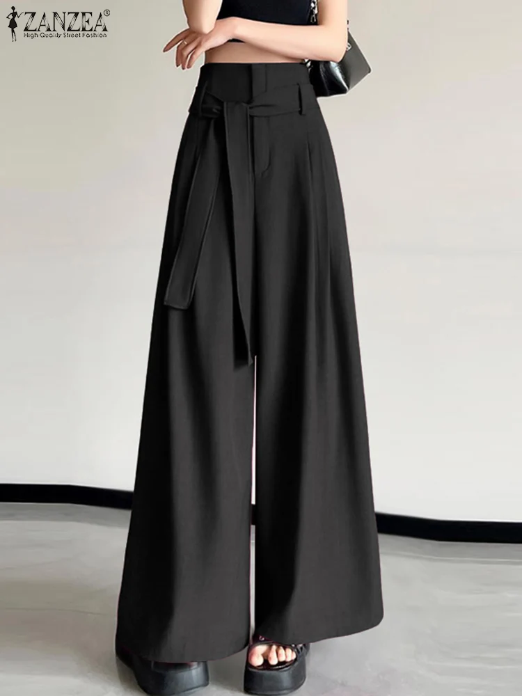ZANZEA 2025 Office Work Wide Leg Trouser Women Elegant Pants Fashion Casual Loose Long Bottoms Fashion Pockets Lace-Up Bottoms